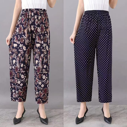 Foreign Trade Plus Size Middle-aged and Elderly Summer Thin Breathable Nine-point Flower Pants Mom Pants Ice Silk Loose Straight Pants