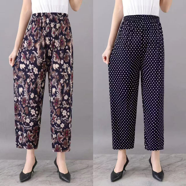 Foreign Trade Plus Size Middle-aged and Elderly Summer Thin Breathable Nine-point Flower Pants Mom Pants Ice Silk Loose Straight Pants