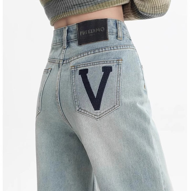 High Waist Retro Wide Leg Jeans Women's Trendy All-match New Printed Loose Slim-fit Straight Pants