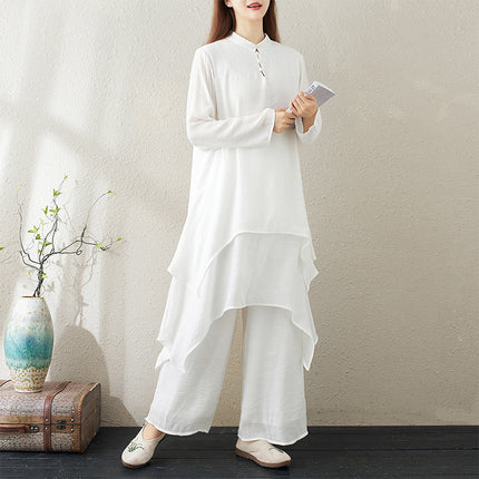 Real Pat Original Chinese Women's dress Cotton and Linen Mid-length Artistic Yoga Clothing Tea Clothing Zen Dance Clothing Tai Chi Clothing
