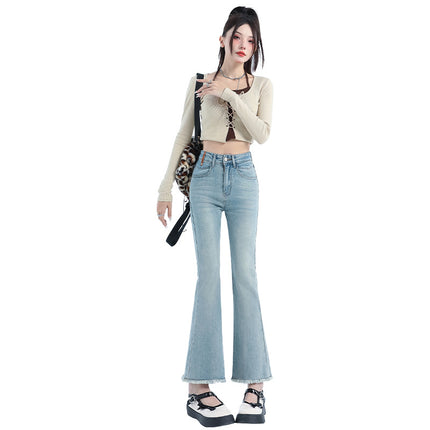 Light Blue Denim Flared Jeans for Women, 2025 Autumn New High-Waisted Slimming Design with Frayed Edges