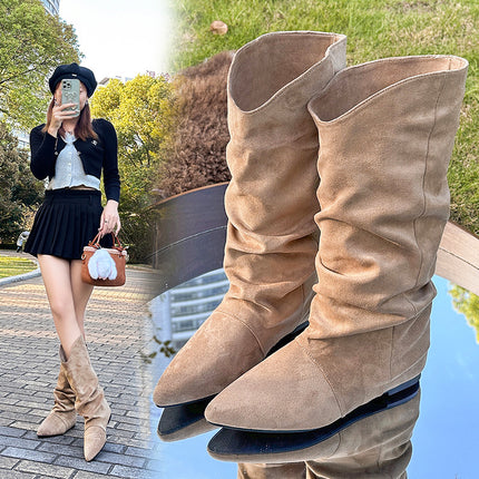 Pleated Slouch Boots for Women 2025 New British Style Chunky Heel Trendy Street Slip-On Boots Over-The-Knee Comfortable Mid-Calf Boots