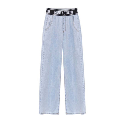 2024 new spring and autumn Denim wide leg pants women's high waist loose elastic waist mop pants straight tube drop pants tide