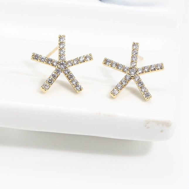 Gold wrapping plating real gold K gold craft five-sided small starfish zircon earring nail bottom ear needle 925 silver DIY accessories