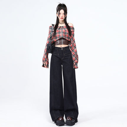 Denim Color Pocket Design High-Waisted Jeans for Women, 2025 Spring and Autumn New Style, Loose Fit, Slimming, Floor-Length Wide-Leg Pants