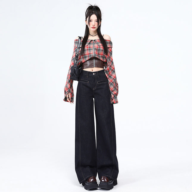 Denim Color Pocket Design High-Waisted Jeans for Women, 2025 Spring and Autumn New Style, Loose Fit, Slimming, Floor-Length Wide-Leg Pants