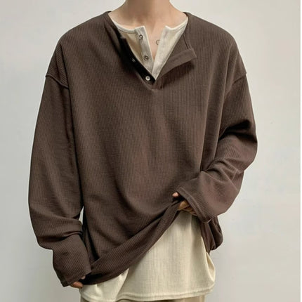 Korean Style Lazy Style Fake Two-piece T-shirt Men's Long-sleeved American Style Retro Henry Sweater Niche Double-layer Collar Base Sweater