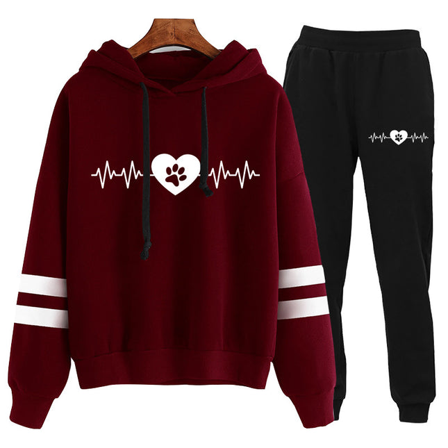 Amazon cross-border supply Europe and the United States electrocardiogram dog feet love printed sweater parallel bars hooded pants suit
