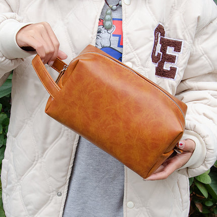 Cross-Border Travel Large-Capacity Pu Leather Makeup and Toiletry Storage Bag Retro Crazy Horse Leather Waterproof Handbag Niche High-End