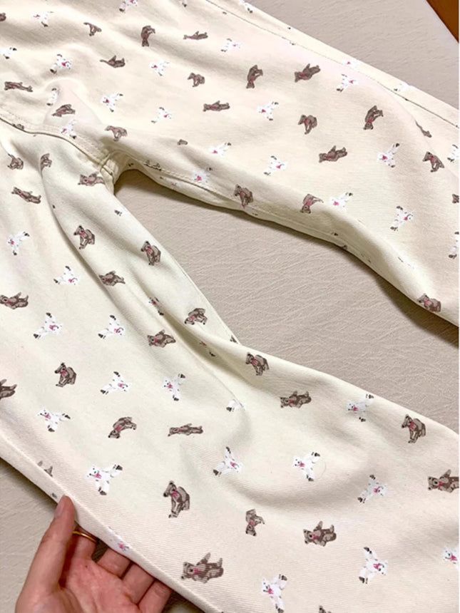 American Retro Bear Print Sweet Jeans for Women, Niche Versatile High-Waisted Floral Slimming Wide-Leg Pants, Fashionable
