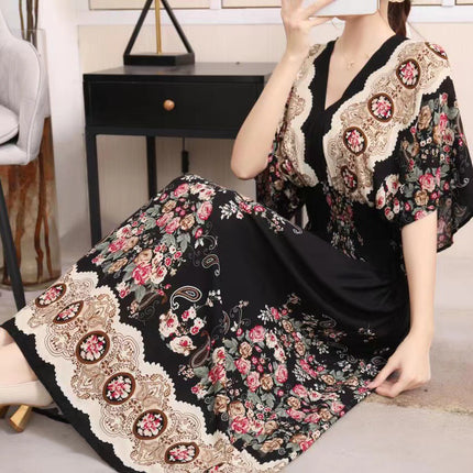 Cross-border ethnic style V-neck cotton silk short-sleeved beach skirt Thailand travel dress summer printed holiday floral skirt