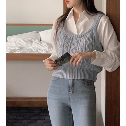 Autumn 2024 Short Japanese Twist Knitted Vest Long-sleeved Shirt Stacked on Instagram Style Two-piece Set