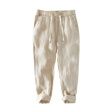 P8236 Summer New Pure Color Simple Casual Pants Men's Linen Breathable Lace-Up Pants Men's One-Piece Drop Shipping