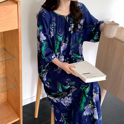 Mishiti Cotton Silk New Chinese Style Short-Sleeved Nightgown for Women, Summer Thin Style, National Style Cotton Silk Home Wear, Can Be Worn Outside