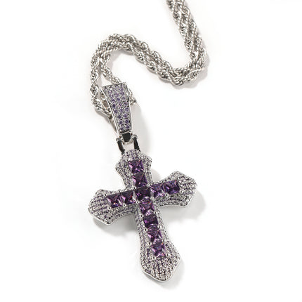 European and American Hip Hop Cross Pendant Jewelry Necklace Large Copper Set Purple Zircon Light Luxury Sweater Necklace Wholesale
