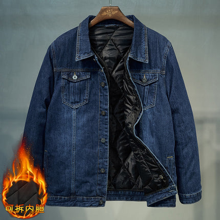 Fertilized Extra Large Denim Coat fleece-lined Thickened plus size Men's Winter Jacket Warm Quilted Real Fake Two-piece Top