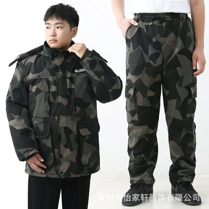 Winter Cotton-Padded Labor Protection Clothing for Men, Fleece-Lined and Thickeneded Cotton-Padded Jacket and Pants Suit, Wear-Resistant and Cold-Proof Camouflage Cotton Coat and Work Clothes