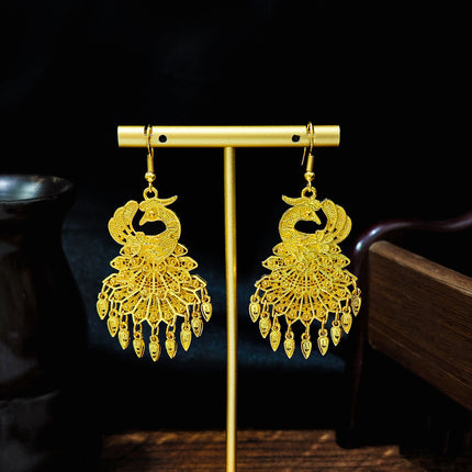 Ethnic Style Peacock Earrings for Women Gold Bell Tassel Earrings Bohemian Leaf Pendant Scenic Spot Earrings Wholesale