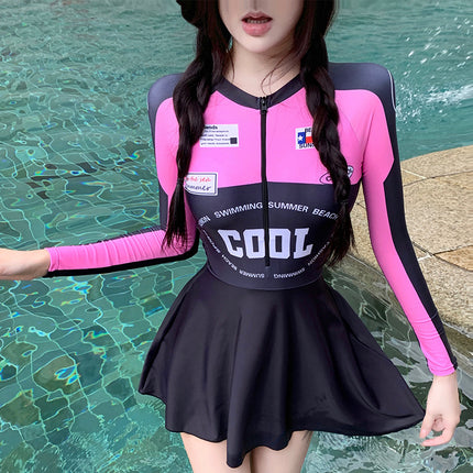 Korean style swimsuit new dopamine pink one-piece skirt swimsuit women's long sleeve sun protection conservative women's swimsuit wholesale