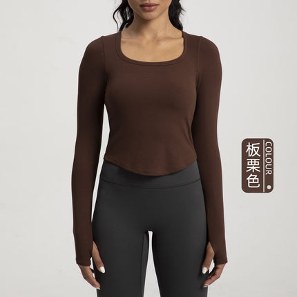 Autumn and Winter New Yoga Clothing Women's One-piece Cup with Chest Pad Naked Sense Slim-fit Slimming T-shirt Sports Fitness Long-sleeved Top