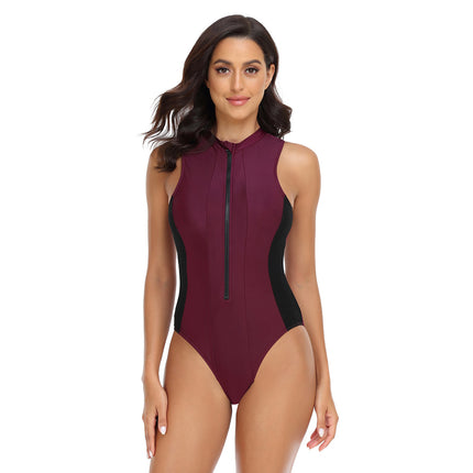 European and American Style One-Piece Swimsuit for Women, Tight-Fitting, Sleeveless, Slimming, Conservative, Zipper Style, Diving Suit, One-Piece, Color-Blocking