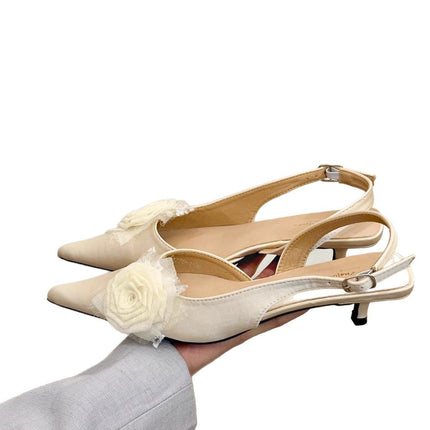 Fairy green roses! Gentle Satin Rose Puffed Head Empty Sandals Women's 2025 Spring and Summer New Style Thin Heeled Single-layer Shoes