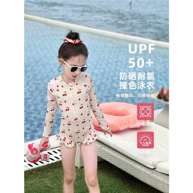66 Princess Girls' Swimsuit 2025 New Style Cute Long-Sleeved Swimsuit for Girls Sunscreen Quick-Drying Beach Swimming Clothes