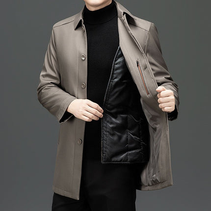 2025 Winter Jacket with Removable Liner, Windbreaker for Men, Business Casual, Turn-Down Collar, Middle-Aged Dad Style, High-End Cotton Coat