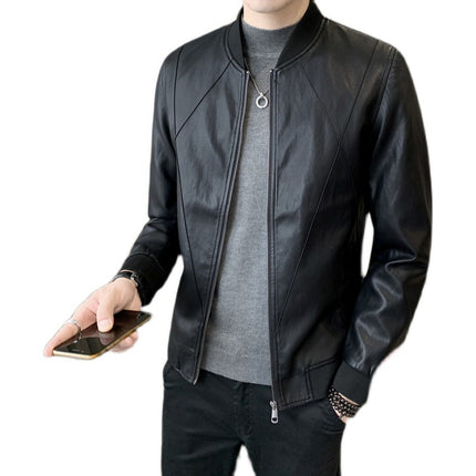 2022winter new men's short leather baseball jacket men's Korean-style slim-fit motorcycle leather jacket fleece-lined
