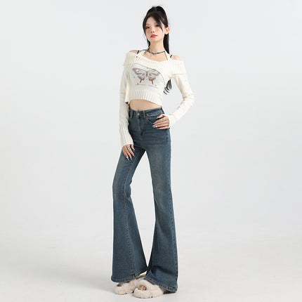 Bumi House American-style Tannin Micro-blared Jeans Women's New Spice Girl High Waist Slim-fit Button Pocket Slim-fit Flare Pants