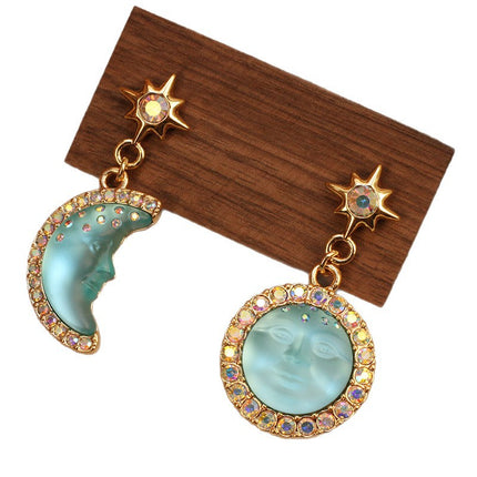 New Cross-Border Bohemian Sun and Moon Earrings Moonstone Asymmetric Earrings Diamond Gemstone Star Earrings