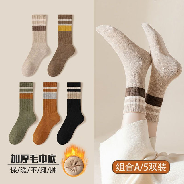 Socks Women's Autumn and Winter Mid-length Socks fleece-lined Thickened Warm terry Towel Bottom Cotton Socks High-tube Fashionable Women's Stockings