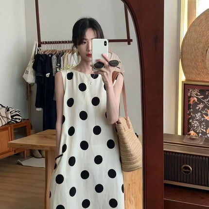 French Style Sleeveless Polo Dot dress Women's Summer New Style Elegant Long Dress Seaside Vacation Loose Slimming Beautiful Dress