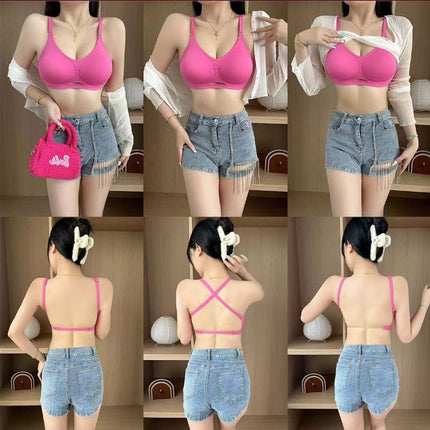 Summer Outer Expansion U-Shaped Back Bra for Women Without Rims, Sexy Shoulder Straps, Cross Halter Style, Jelly Peach Soft Support