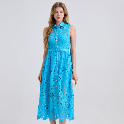 Actual Shot of New Summer Products, Contrasting Color Shirt Collar, Slim High-Waisted Sleeveless Dress, Waist-Cinching Diamond Button Skirt