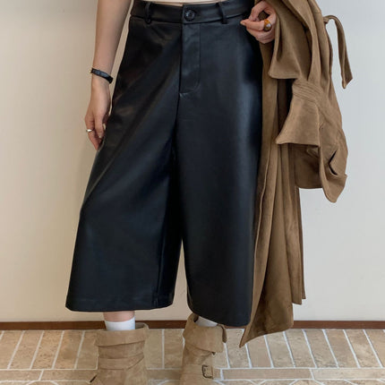 Black Pu Leather Cropped Pants Slimming Zipper Casual Matte Pocket Loose Straight Wide-Leg Floor-Length Pants