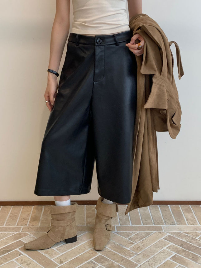 Black Pu Leather Cropped Pants Slimming Zipper Casual Matte Pocket Loose Straight Wide-Leg Floor-Length Pants