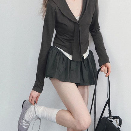 Spear Youh "You in the Lens" Faux Two-Piece Lace Jacket Slim-Fit Navy Collar Long-Sleeve Top