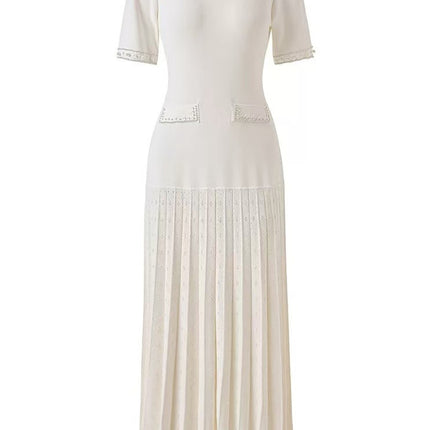 Cross-Border European and American Women's Clothing Round Neck Heavy Beaded Knitted Short-Sleeved Long Skirt Elegant Waist Pleated Skirt Slim Dress