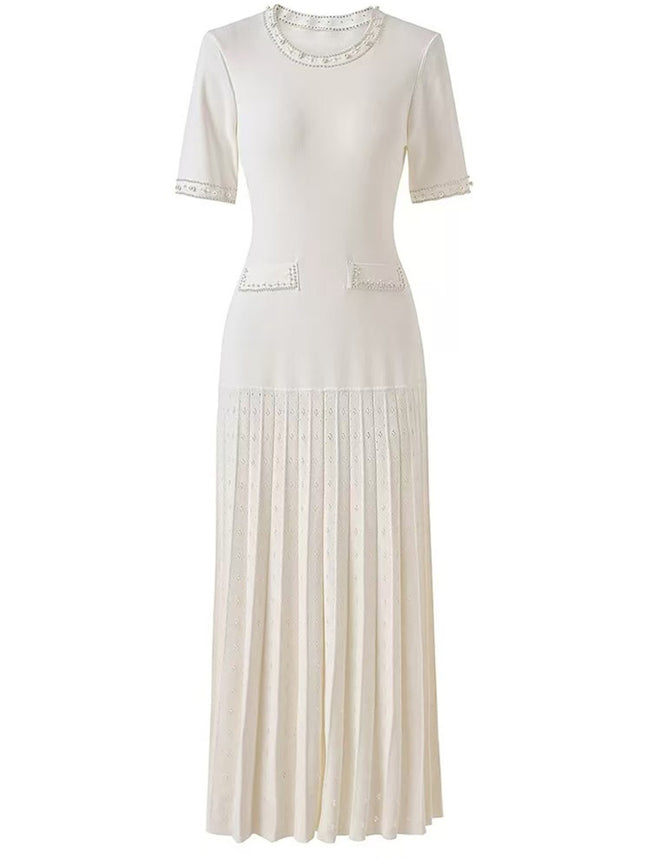 Cross-Border European and American Women's Clothing Round Neck Heavy Beaded Knitted Short-Sleeved Long Skirt Elegant Waist Pleated Skirt Slim Dress