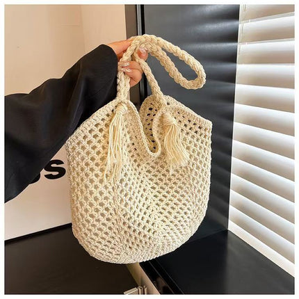 New Style Cotton Straw Woven Bag Women's Bag Tassel Hand Woven Bag Large Capacity Tote Bag Holiday Beach Bag for Women
