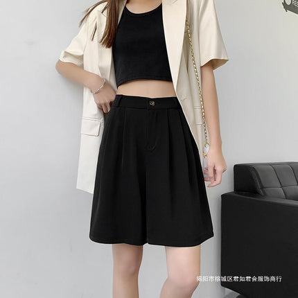 Women's Suit Shorts Women's Summer Thin chubby girl plus size Pants High Waist Loose Slim-fit A- leg Wide-leg Shorts