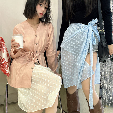 Falling pool knitted ~ spring and summer see-through mesh lace flower stitching lace split skirt apron fart curtain overlapping