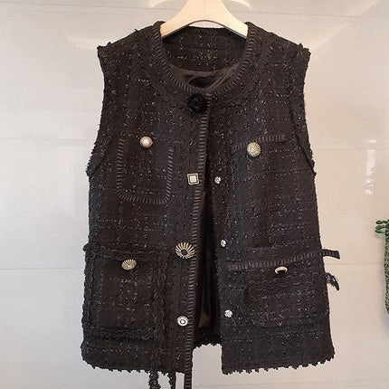 2026 Spring Fashion Chanel-Style Heavy-Duty Rhinestone Button Vest Jacket Slimming Tweed Versatile Slimming Top for Women