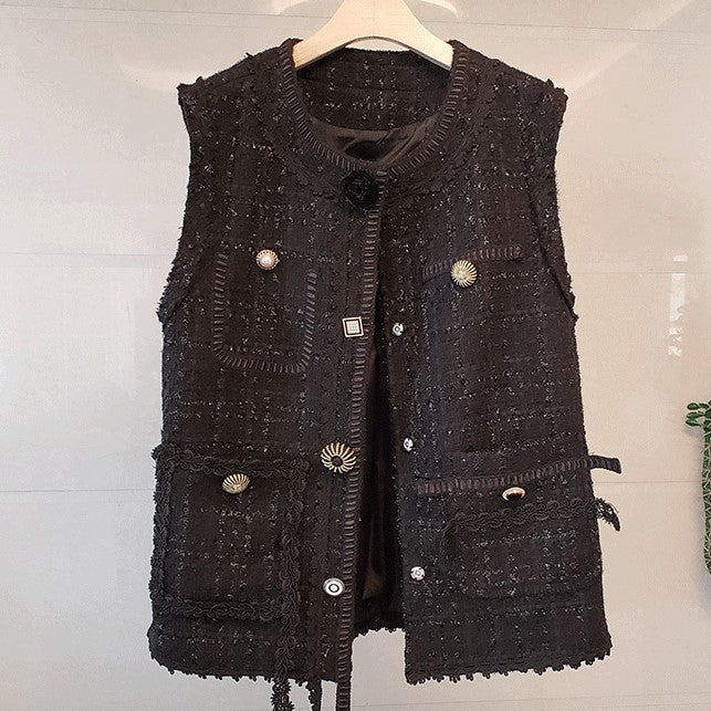 2026 Spring Fashion Chanel-Style Heavy-Duty Rhinestone Button Vest Jacket Slimming Tweed Versatile Slimming Top for Women