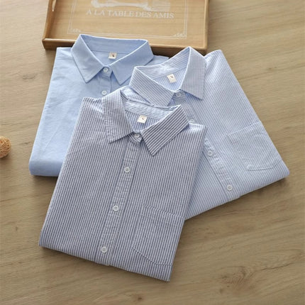 Han Fan Artistic Fresh Style Vertical Stripe Loose Cotton Oxford Textile Commuter Shirt Women's Long Sleeve Base Shirt with Inner Fashion