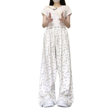 Apricot Puppy Print Ice Silk Wide-Leg Pants for Women Summer High-Waisted Casual Floor-Length Pants Lazy Style Straight Pants