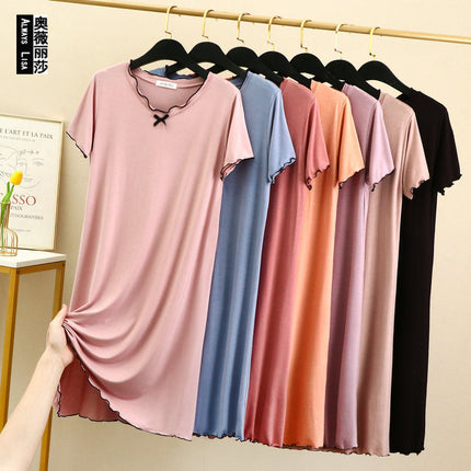 Modal Dress Women's Summer Thin Short-Sleeved A-Line Skirt Mid-Length Home Casual Skirt Ear-Hemmed Loose Nightgown