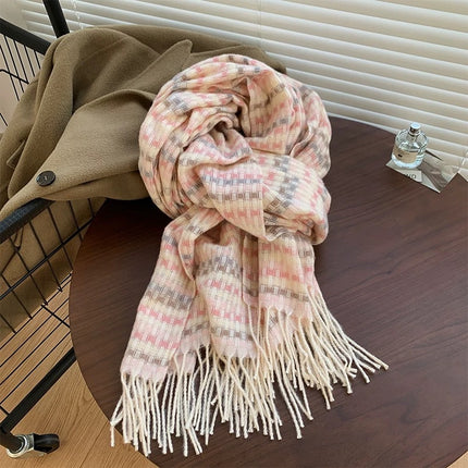 Factory Cream Pink Soft Waxy Plaid Scarf Women's Autumn and Winter Skin-friendly Sweet Soft Girl Rainbow Warm Student Scarf