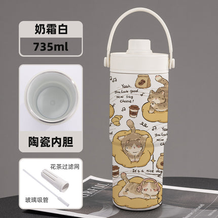 Cross-border high-value 316 stainless steel thermos cup large-capacity double-drink ceramic liner car cup portable handle cup
